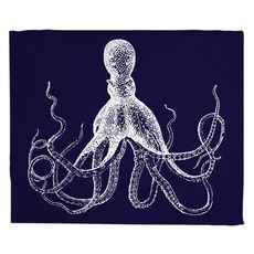 Vintage Octopus Fleece Throw Blanket - White on Navy