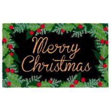 Liora Manne Natura Merry Christmas Holly Outdoor Mat Black 18"X30"