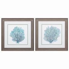 Teal Coral On White Set of 2 Framed Beach Wall Art