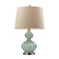 Smoked Glass Table Lamp In Pale Green With Metallic Linen Shade