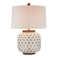 Woven Ceramic Table Lamp In White And Wood Tone