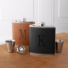 Personalized Brown Leather Wrapped Flask Set