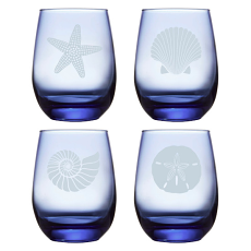Tidal Blue Seashore Etched Stemless Wine Glasses (Set Of 4) 