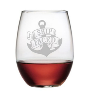 Ship Faced Etched Stemless Wine Glass Set
