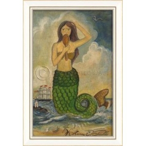 Green Tail Mermaid With Mirror Framed Art