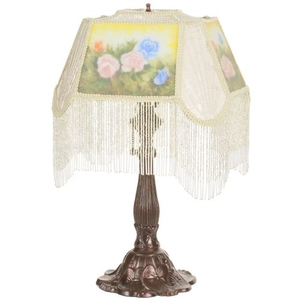 18" H Reverse Painted Roses Fabric With Fringe Accent Lamp