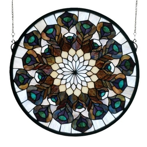 17" W X 17" H Tiffany Peacock Feather Medallion Stained Glass Window