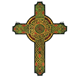 25" W X 34" H Jeweled Celtic Cross Stained Glass Window