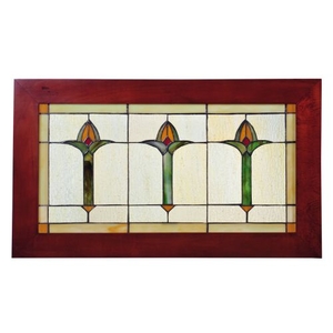 24" W X 14" H Arts & Crafts Bud Trio Wood Frame Stained Glass Window