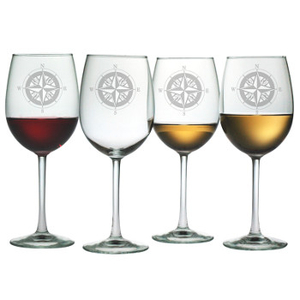 Compass Etched Stemmed Wine Glass Set