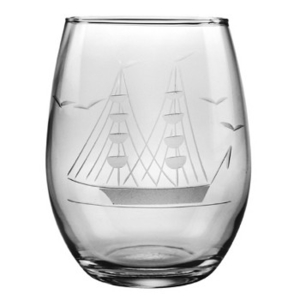 Clipper Ship Etched Stemless Wine Glass Set