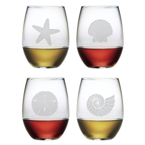 Seashore Etched Stemless Wine Glass Mixed Set Of 4