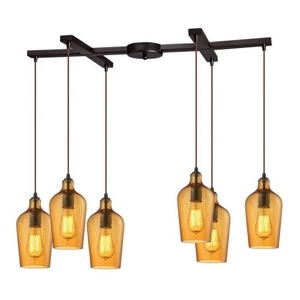 Hammered Glass 6 Light Pendant In Oil Rubbed Bronze And Amber Glass