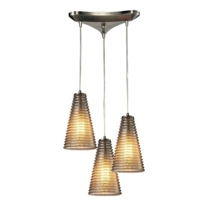 Ribbed Glass 3 Light Pendant In Satin Nickel And Mercury Glass
