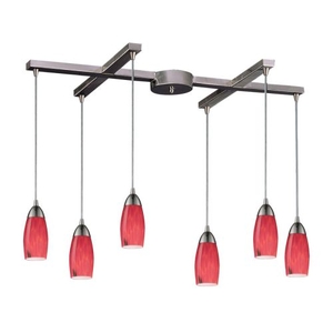 Milan 6 Light Pendant In Satin Nickel And Fire Red Glass