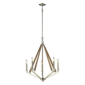 Madera 5 Light Chandelier In Polished Nickel And Natural Wood