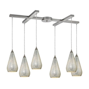 Curvalo 6 Light Pendant In Satin Nickel And Silver Crackle Glass