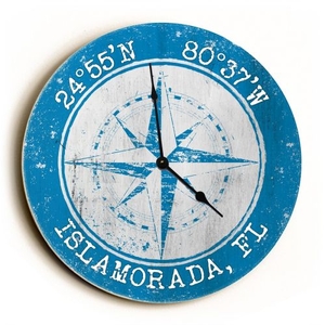 Custom Coordinates Compass Rose Clock - Round Blue