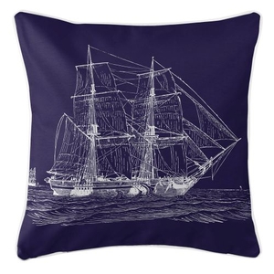 Vintage Ship Pillow - White On Navy
