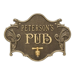 Custom Hops & Barley Beer Pub Plaque , Weathered Antique / Brass