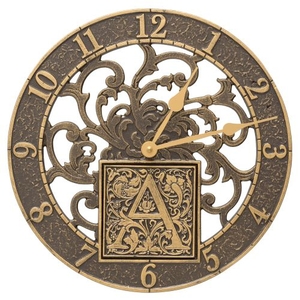 Silhouette Monogram 12" Personalized Indoor Outdoor Wall Clock, French Bronze