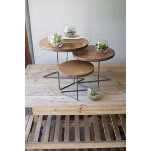 Set Of Three Round Wire Display Risers With Wood Tops