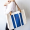 Personalized Blue Stitched Stripe Canvas Tote With Leather Handles