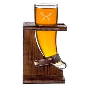 16 Oz. Glass Antlers Viking Beer Horn With Rustic Stand