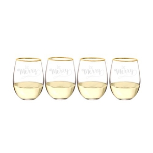 Be Merry 19.25 Oz. Gold Rim Stemless Wine Glasses (Set Of 4)