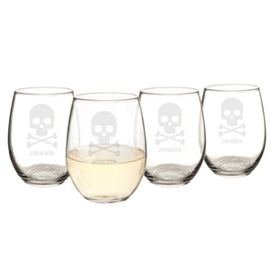 Personalized Skull + Crossbones 21 Oz. Stemless Wine Glasses (Set Of 4)