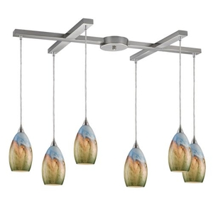 Geologic 6 Light Pendant In Satin Nickel And Multicolor Glass