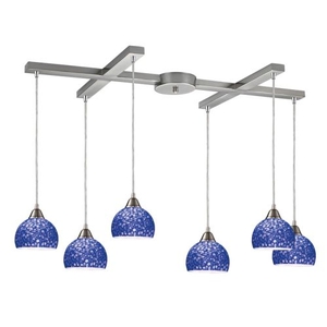 Cira 6 Light Pendant In Satin Nickel With Pebbled Blue Glass