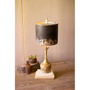 Table Lamp - Round Wooden Base W Black and Gold Metal Shade