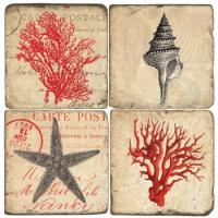Shell, Starfish And Corals Italian Marble Coasters