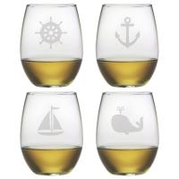 Nautical Icons Etched Stemless Wine Glass Mixed Set Of 4