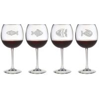 Fish Assortment Etched Stemmed Wine Glass Set
