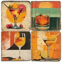 Summer Cocktails 4"x 4" Tumbled Botticino Marble Tiles with Cork Backs - Set of 4