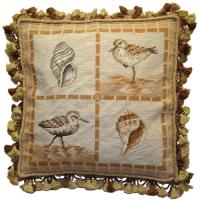 Brown Birds And Shells Needlepoint Pillow